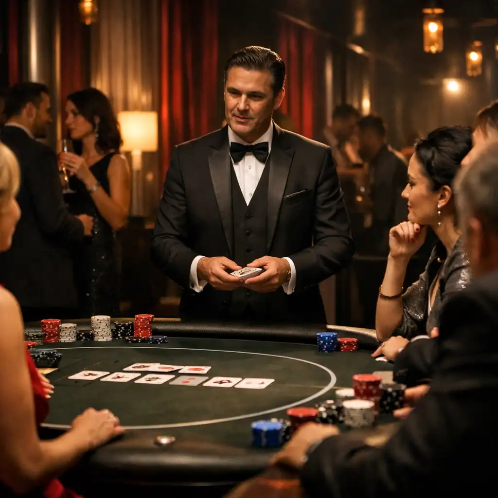 Prowadzący i goście przy stole podczas Casino Night offline