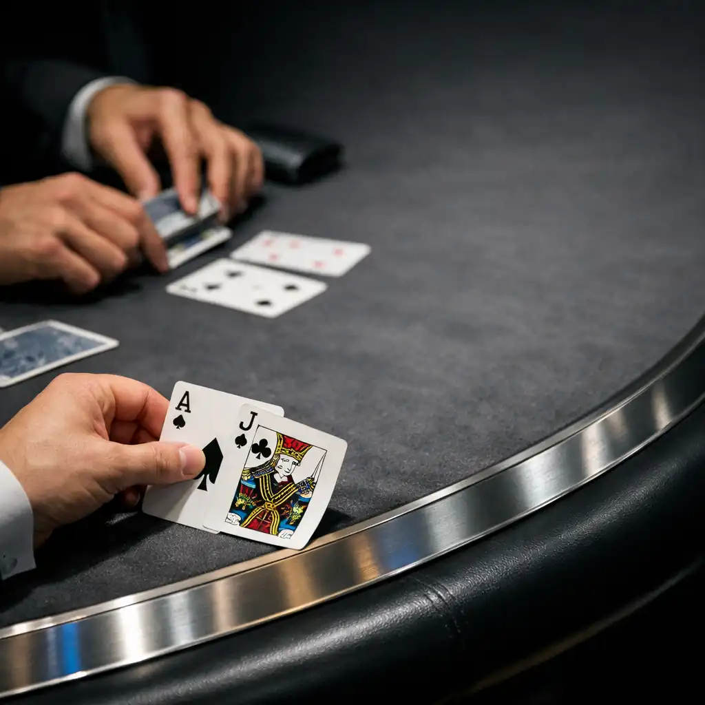 Dłonie trzymające fizyczne karty przy stole blackjackowym podczas eleganckiego wydarzenia