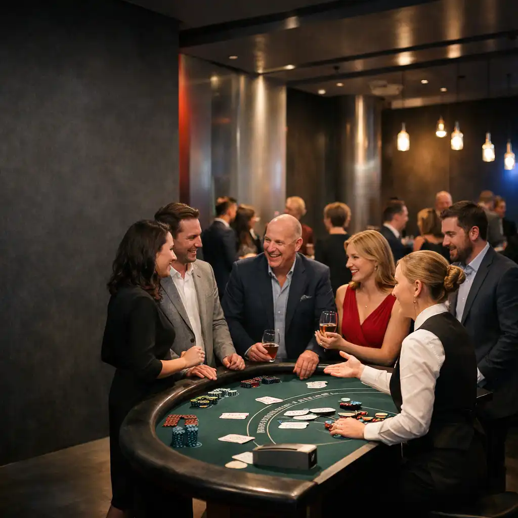 Prowadzący i goście przy fizycznym stole blackjackowym w strefie współczesnego wydarzenia