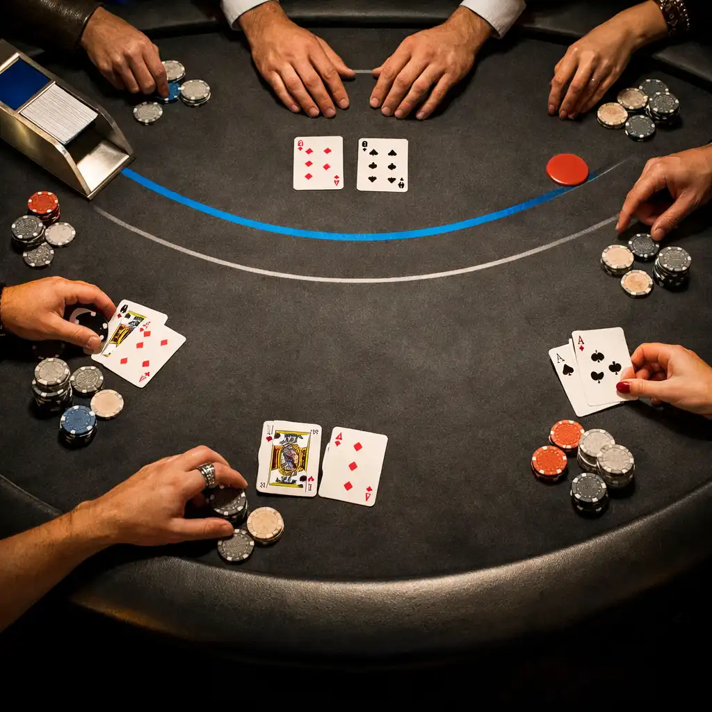 Widok z góry na fizyczny stół blackjackowy, dłonie gości i karty podczas wydarzenia offline