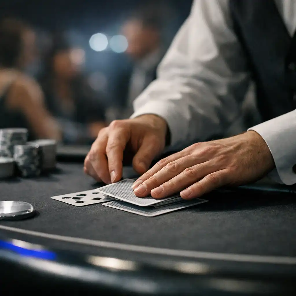 Ręce prowadzącego układające karty przy fizycznym stole blackjackowym
