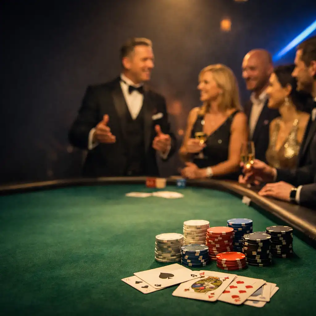Prowadzący i goście przy fizycznym stole podczas Casino Night