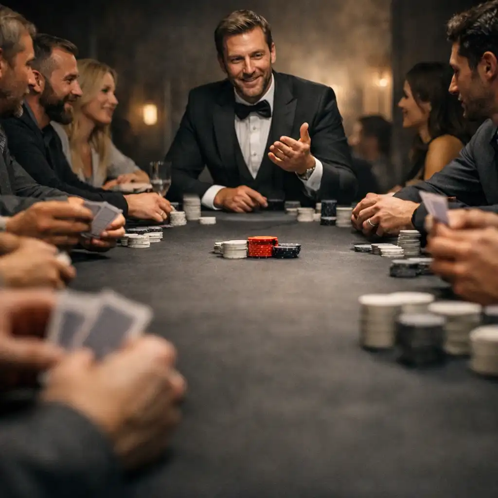 Dłonie gości, karty i prowadzący przy długim stole pokerowym podczas wydarzenia