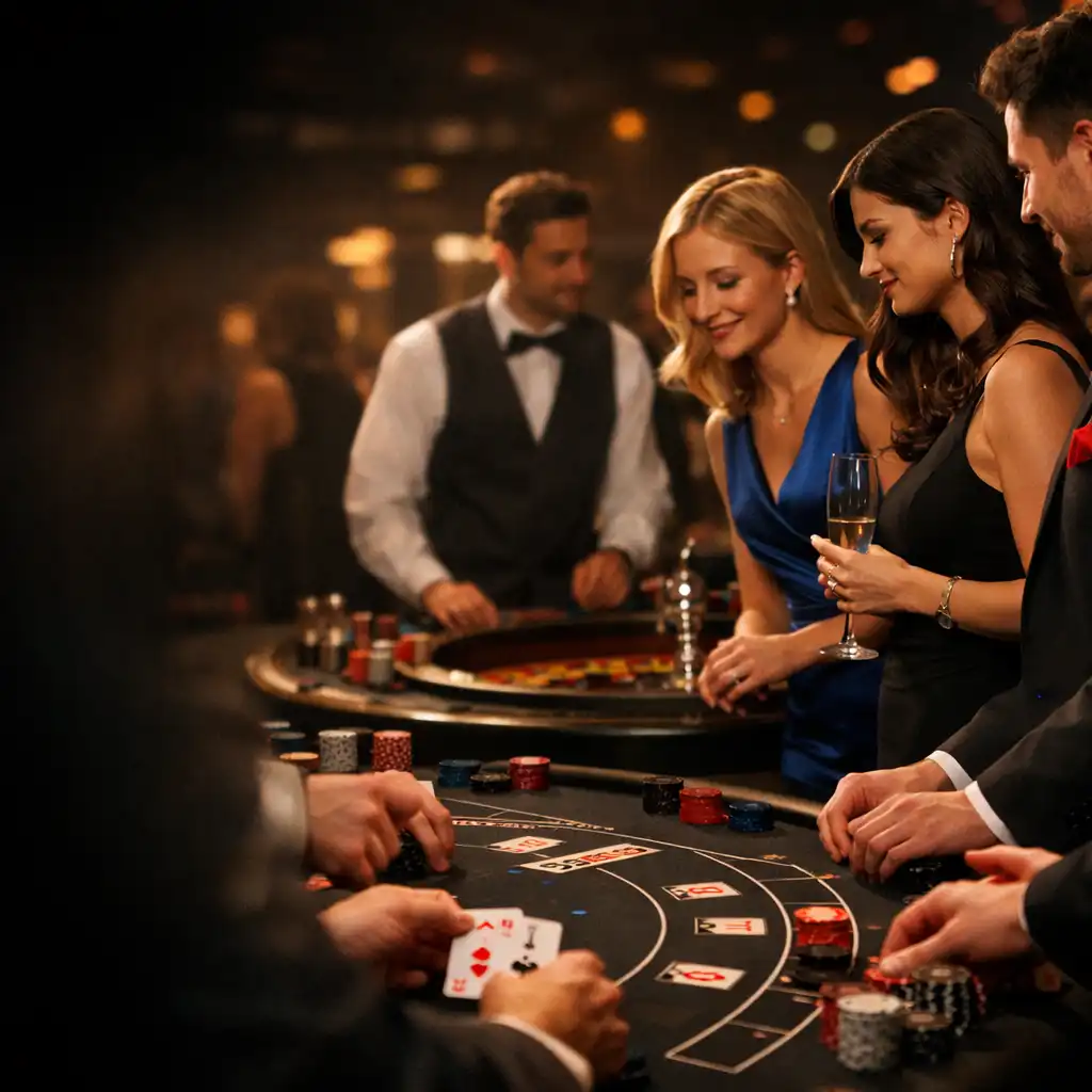 Goście rozmawiają przy fizycznych stołach Casino Night podczas wydarzenia offline