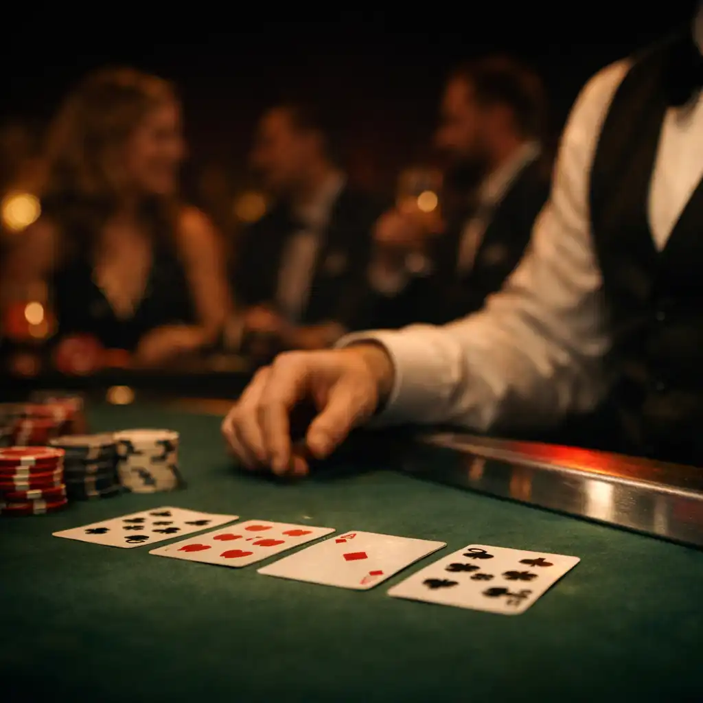 Fizyczny stół Casino Night z kartami, żetonami i dłonią prowadzącego
