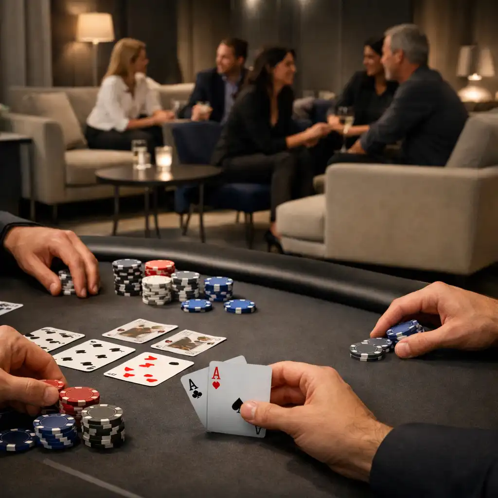 Dłonie uczestników przy stole Poker Event i goście rozmawiający w Card Lounge