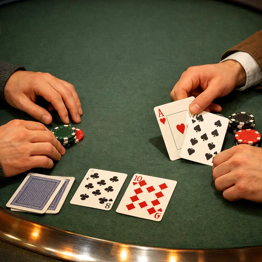 Dłonie uczestników i karty na matowej powierzchni stołu podczas Poker Event