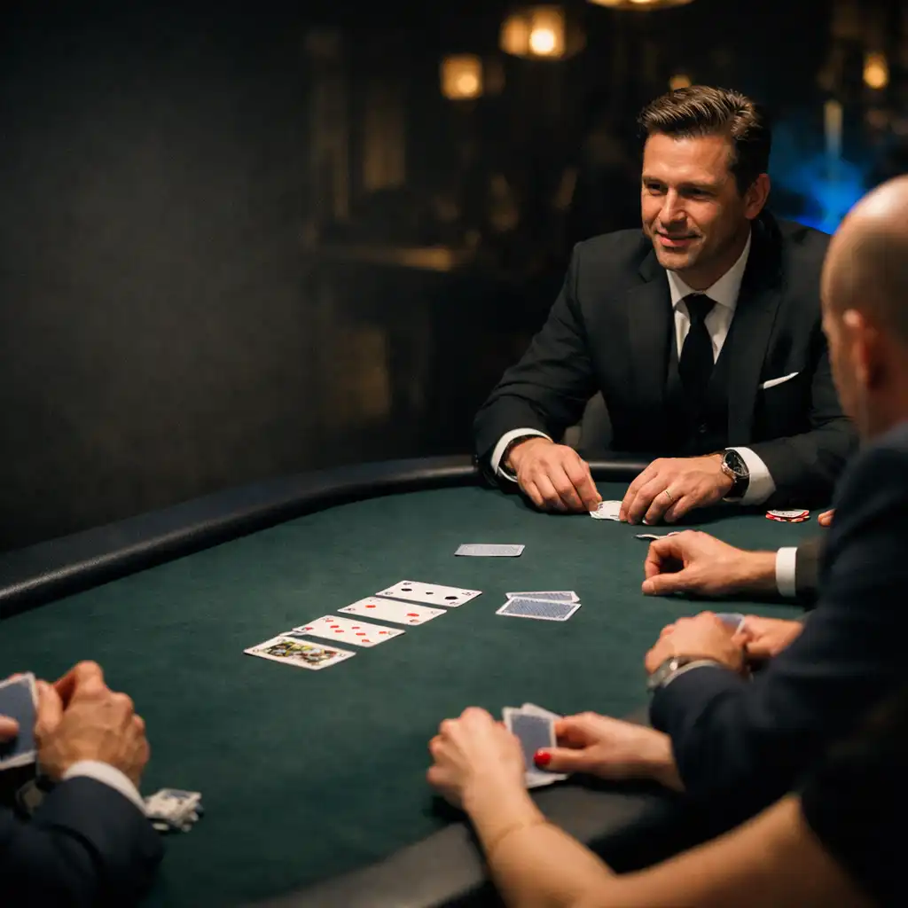 Goście i prowadzący przy fizycznym stole podczas Poker Event