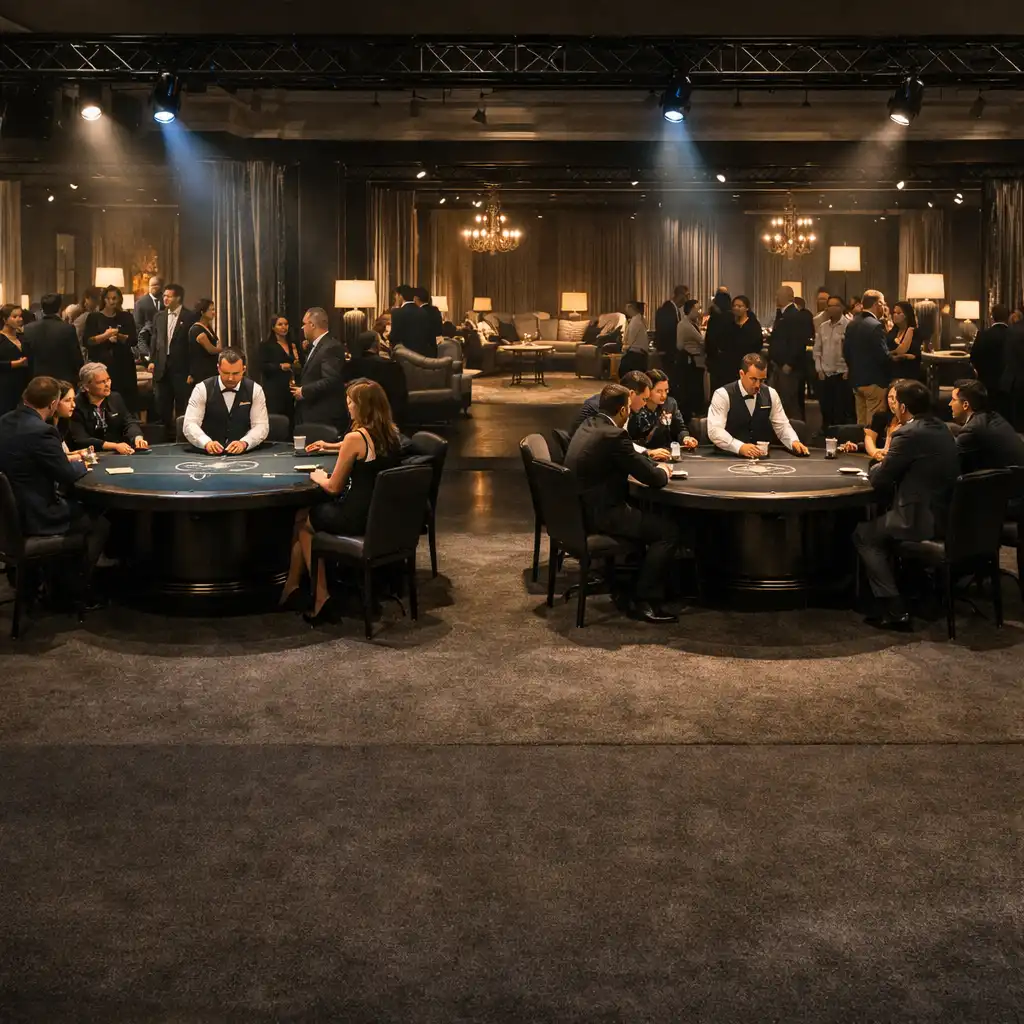 Panoramiczny widok fizycznego poker salonu z gośćmi, stołami i strefą lounge